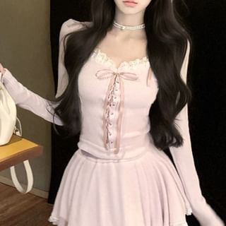 Neck Plain Scoop Mini Rise Top Hooded Trim Skirt Long-Sleeve A-Line Lace Mid /