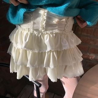 Tiered Mini Ruffle Rise Plain High A-Line Skirt