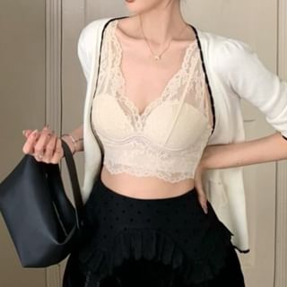 Crop Cami / Top V-Neck Mid Lace Rise Shorts Plain 3/4 Cardigan Sleeve