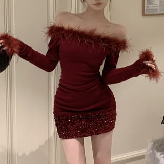 Mini Dress Off-Shoulder Sheath Long-Sleeve Fluffy Plain Sequin Trim