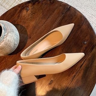 Plain Faux Leather Toe Pumps Chunky Pointed Heel