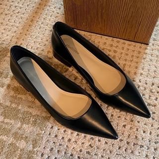 Plain Faux Leather Toe Pumps Chunky Pointed Heel