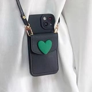 Plain Phone Case / Faux Leather Card Holder / Heart Adhesive Decoration / Lanyard / Set