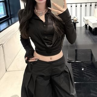 Pleated Inverted Plain Tee Cropped Pants Leg Rise Wide Low Collar / Long-Sleeve