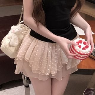 Mini Rise Scoop Dotted Asymmetrical Mid / Halter Top Skirt A-Line Lace Trim Neck Plain