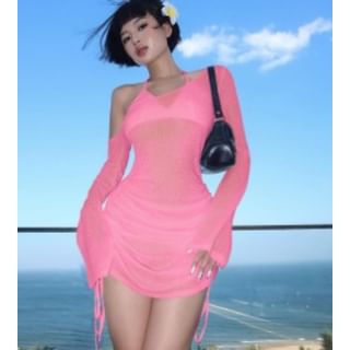 Plain Long-Sleeve One-Shoulder Drawstring Tee Sheer