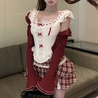 Ruffle Panel Top Floral Print High Cardigan Bow Sleeveless Striped Mini A-Line Skirt Waist Plaid /