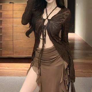 Ruffle Tie Butterfly Front Long Plain Dress / Top Print Sleeve Trim Midi Strapless V-Neck Bodycon