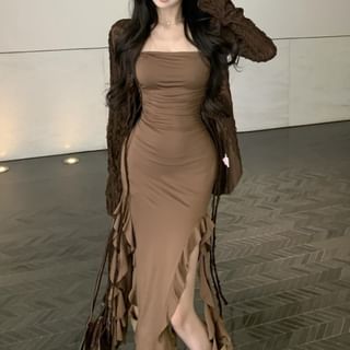 Ruffle Tie Butterfly Front Long Plain Dress / Top Print Sleeve Trim Midi Strapless V-Neck Bodycon