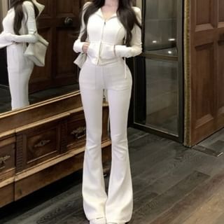 High Crop Zip Waist Flared Sweatpants / Plain Hoodie