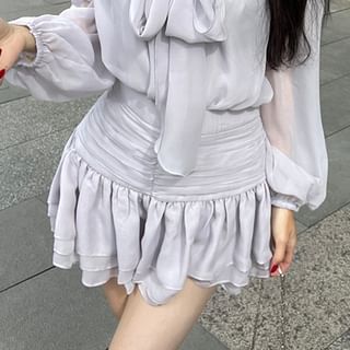 Top Skirt Cami A-Line Puff-Sleeve / High Plain Blouse Tie-Neck Set Rise Mini