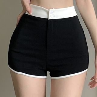 High Trim Contrast T-Shirt Crop Hot Neck Waist Short-Sleeve Plain / Pants Scoop