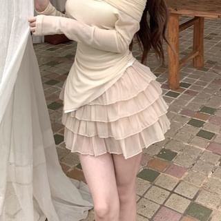 Rise A-Line Plain T-Shirt Off-Shoulder Fit Skirt Long-Sleeve Mini Ruched Slim / Asymmetrical Tiered High