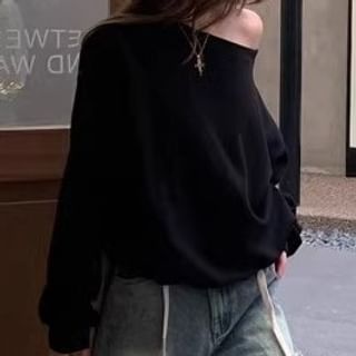 Off-Shoulder / Plain Pullover Waist Contrast Trim Drawstring