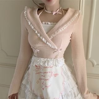 Plain Neck Skirt High A-Line Tiered Lace Mini Bow Apron Top Long-Sleeve Set Accent / Halter Rise Trim Two-Piece Crop Mock Knit Half