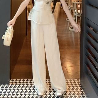 / Floral Top Collar Tube Embroidered Rise Set Pants Crop Frog Buttoned Cap-Sleeve Leg Plain Slit Wide Stand High