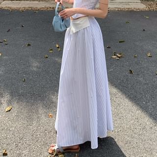 Top Mock Sweetheart Cutout Striped Two-Piece Camisole Skirt A-Line / Maxi Crop High Neckline Waist