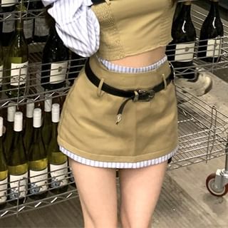 Striped Blouse Long-Sleeve Off-Shoulder Belt A-Line / Crop Panel Smocked Waist Mini Skirt Mock High Set Two-Piece