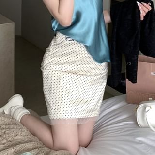 Rise Cardigan Pencil Skirt Dotted Plain Top Embroidered V-Neck Satin Mini / High Cami