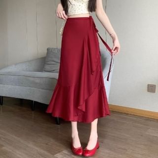 High Midi Waist Skirt Plain Ruffle A-Line