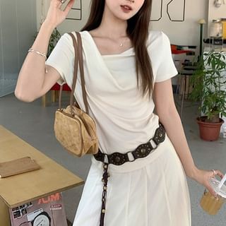 Cowl Plain Neck Slim Fit Ruched T-Shirt Short-Sleeve