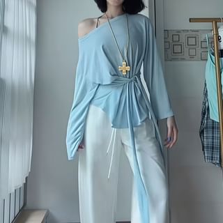 Fit Tee Sashed Long-Sleeve Off-Shoulder Asymmetrical Neck Slim Plain