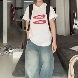 T-Shirt Oversized Neck Print Short-Sleeve Round