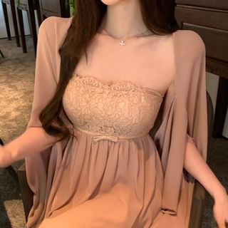 Panel Dress Bow Mini Strapless Shawl Accent Lace / A-Line Plain