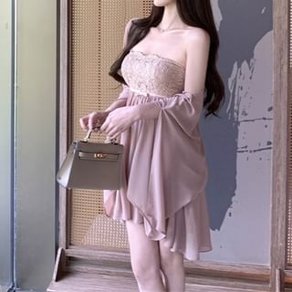 Panel Dress Bow Mini Strapless Shawl Accent Lace / A-Line Plain