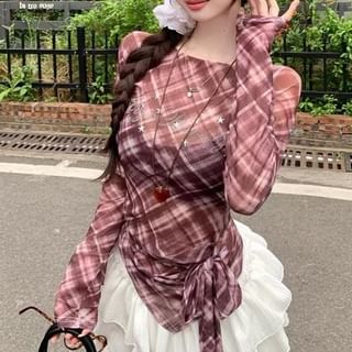 Sheer Neck Long-Sleeve Boat Plaid Asymmetrical T-Shirt