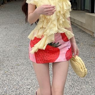 Ruffle Top Print Strawberry Pencil Skirt High Plain / Waist Halter Mini