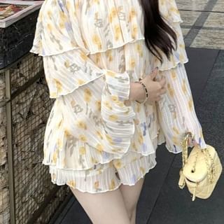 Floral / Sleeve Long Ruffle Print Shoulder Blouse Waist Shorts Off High
