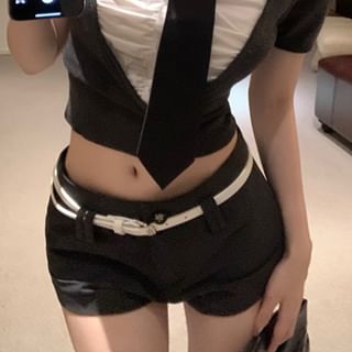 Mid Two Shorts Rise / Sleeve Plain Short Mock Ruched Necktie Collared Top Crop Piece