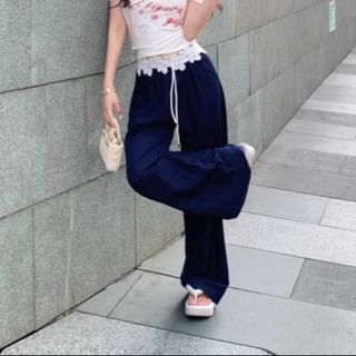 Leg / T-Shirt Wide Lace Pants Waistband Short-Sleeve Lettering