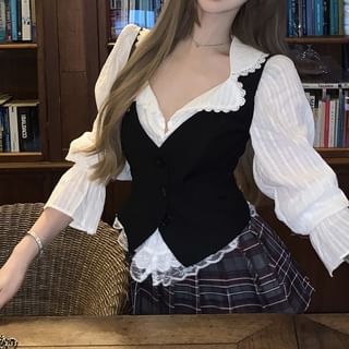 / Trim Cami Mini Plaid Striped Button-Up Skirt Blouse Waist Plain Pleated Puff-Sleeve Top High Lace A-Line