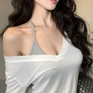 Neck / V-Neck Long-Sleeve Top Halter Tee Plain Scoop