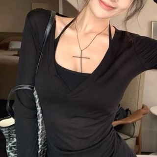 Neck / V-Neck Long-Sleeve Top Halter Tee Plain Scoop