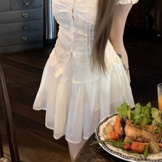 Blouse Shirred Plain Mini A-Line Off-Shoulder Ruffled Skirt / Rise High