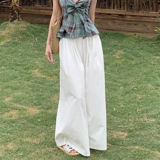 Peplum Plaid Waist Halter / Top Bow Culottes Plain High Tank