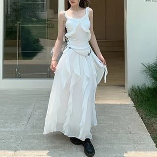 Plain Ruffle Fit A-Line Slim Asymmetrical Trim Waist Elastic Skirt Midi Tank / Top