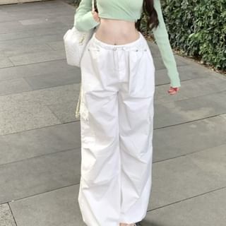 Crop Top Ribbed Plain Cargo Wide Drawstring Waist Pants Long-Sleeve / Leg V-Neck Knit