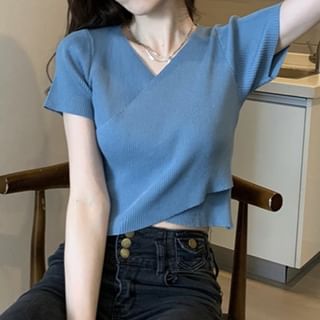 Short-Sleeve Crop V-Neck Tee Asymmetrical Plain Ribbed