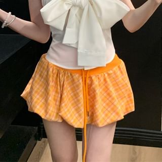 Drawstring Waist Skirt A-Line Bow / Top Balloon Tube Mini Plain Plaid