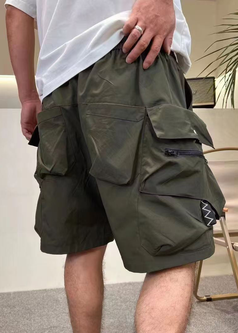 Pockets Army Green Elastic Shorts Waist Loose Summer Up Mens Zip Cotton