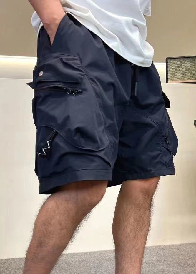 Pockets Army Green Elastic Shorts Waist Loose Summer Up Mens Zip Cotton