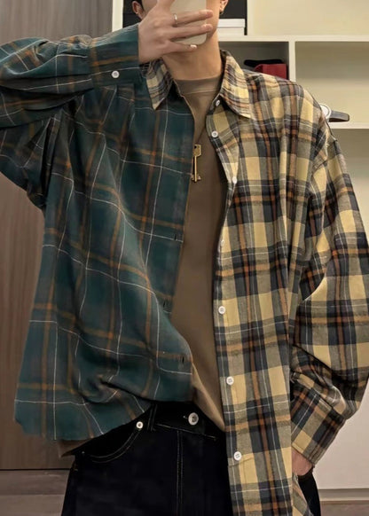 Shirts Loose Plaid Asymmetrical Spring Cotton Mens Button