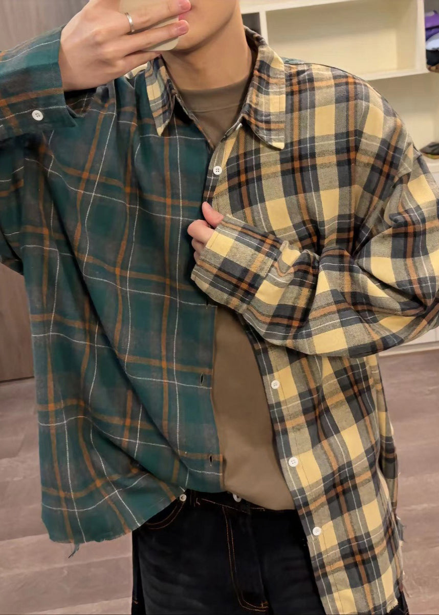 Shirts Loose Plaid Asymmetrical Spring Cotton Mens Button