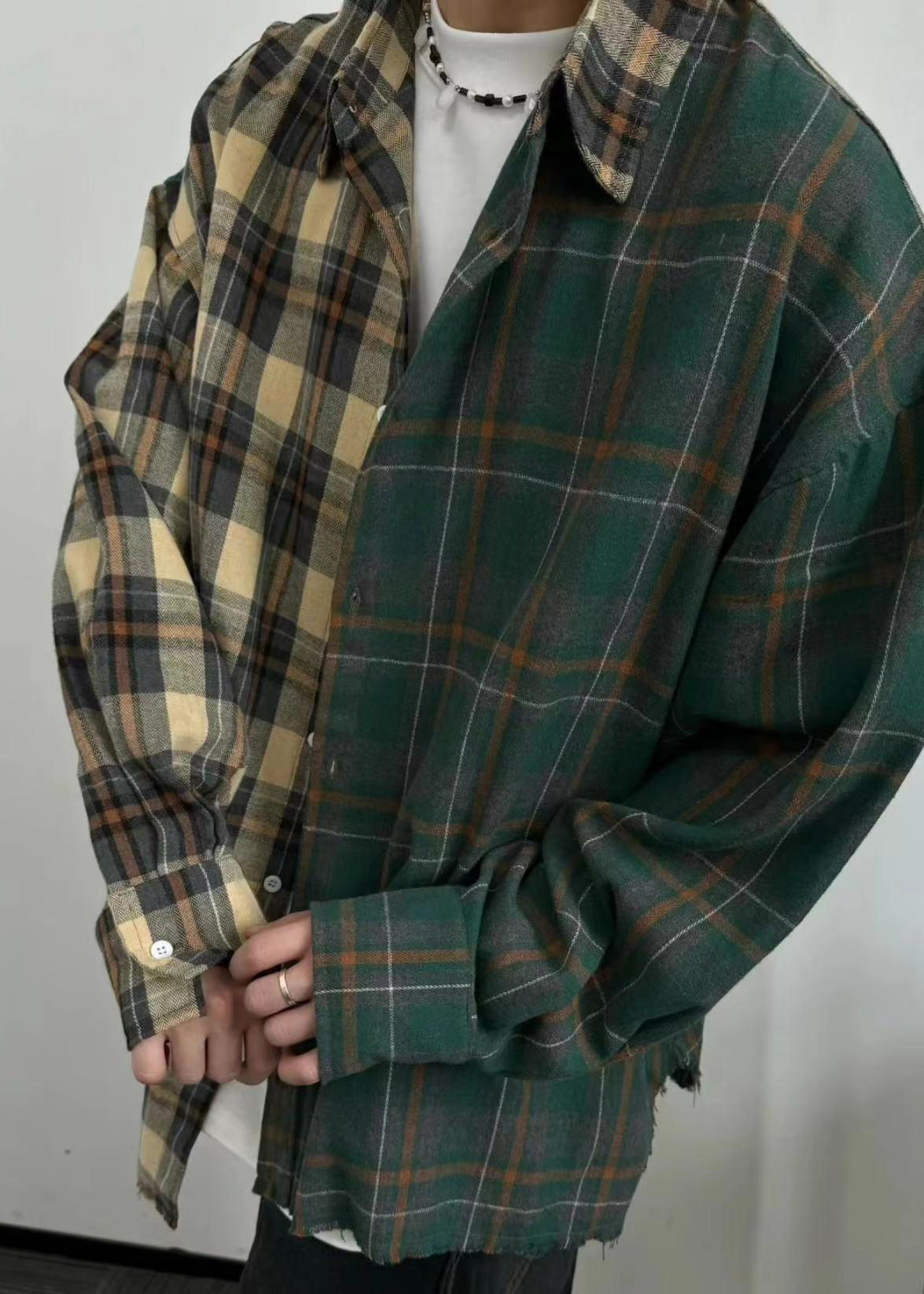 Shirts Loose Plaid Asymmetrical Spring Cotton Mens Button