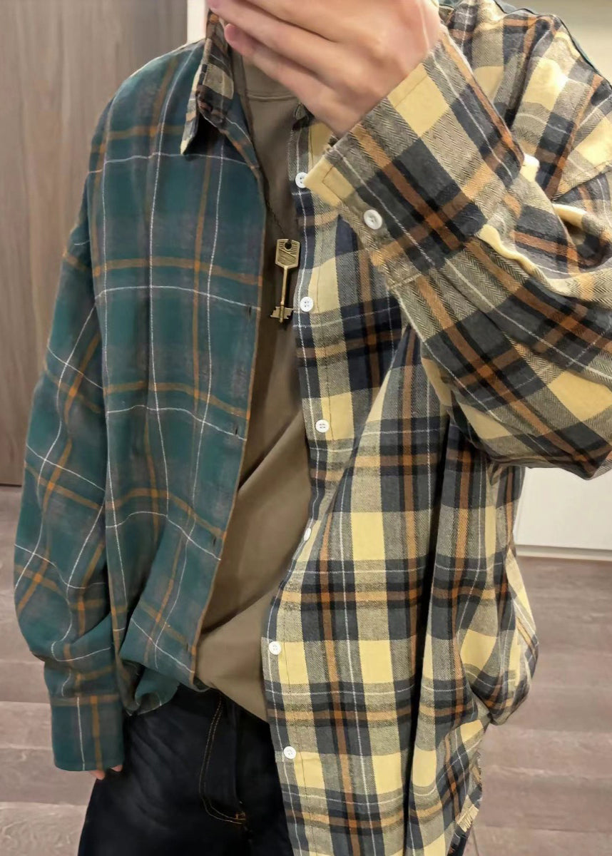 Shirts Loose Plaid Asymmetrical Spring Cotton Mens Button