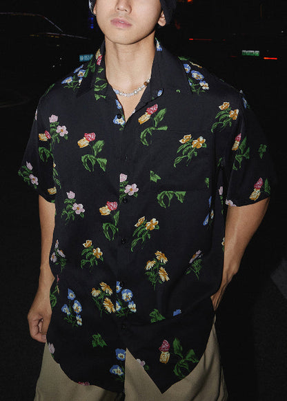 Pan Peter Loose Men Print Collar Black Summer Shirt Cotton